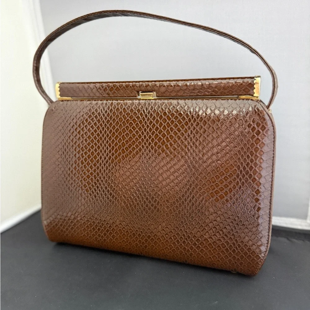 Vintage 1960s Life Stride Brown Snakeskin Embossed Top Handle Bag MCM Structured